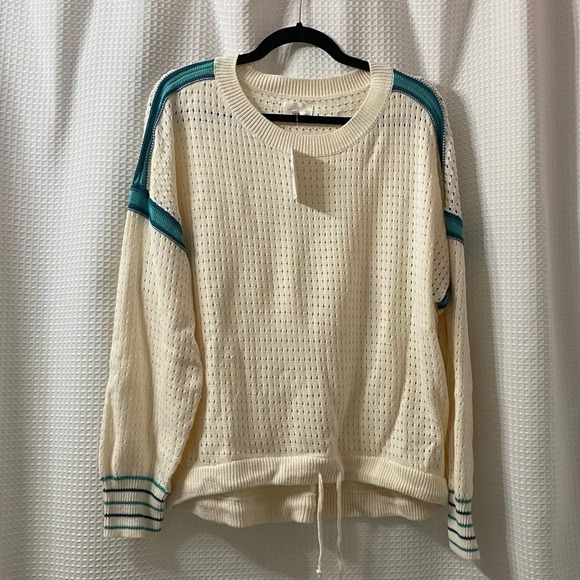 NWT L&G Striped Pointelle Drawstring Sweater - Picture 2 of 8
